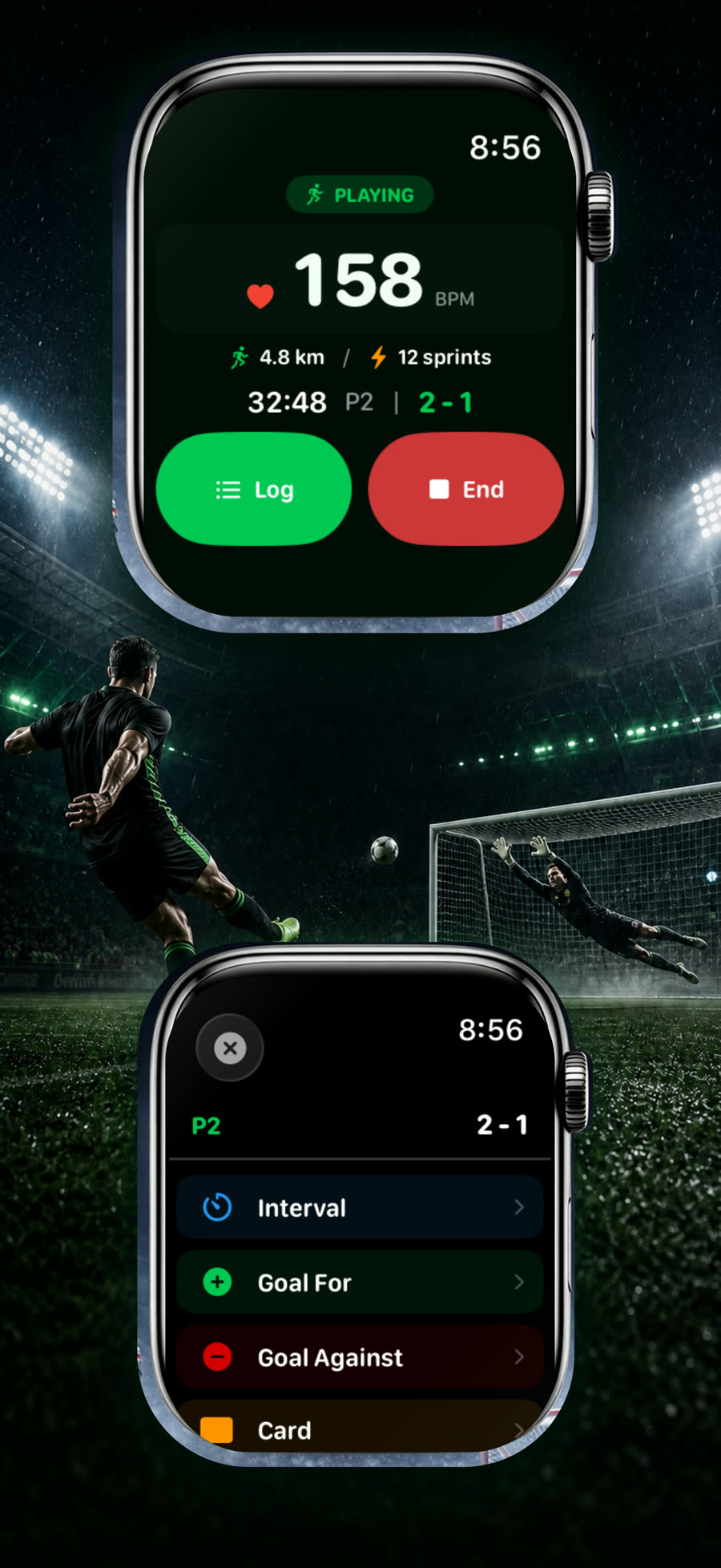 Soccer Time Track on Apple Watch during a live match, with controls for logging match events