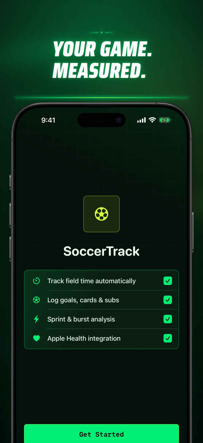 Soccer Time Track welcome screen summarizing automatic tracking and Apple Health integration