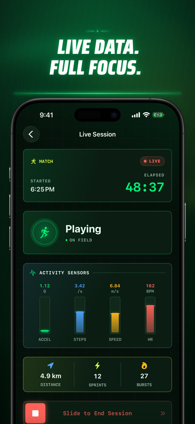 Live iPhone session with playing state and real-time sensor metrics