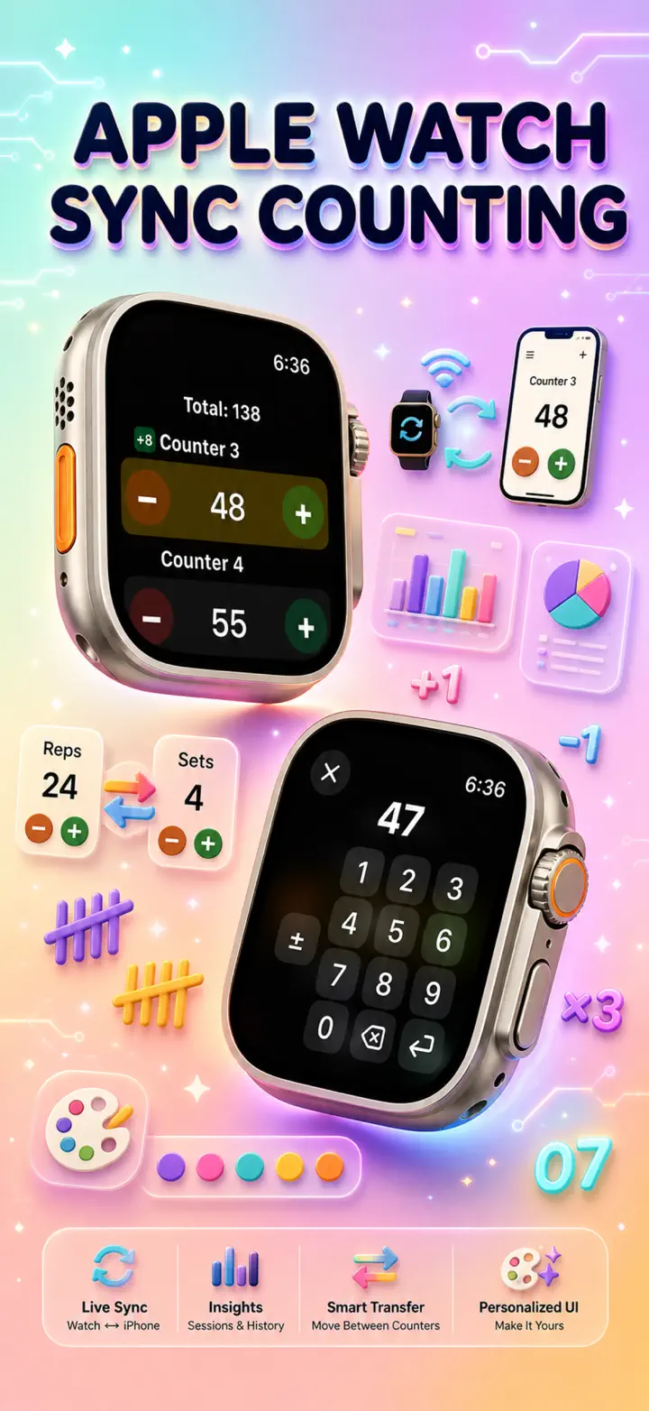 Live Apple Watch sync — counters mirror between iPhone and watch