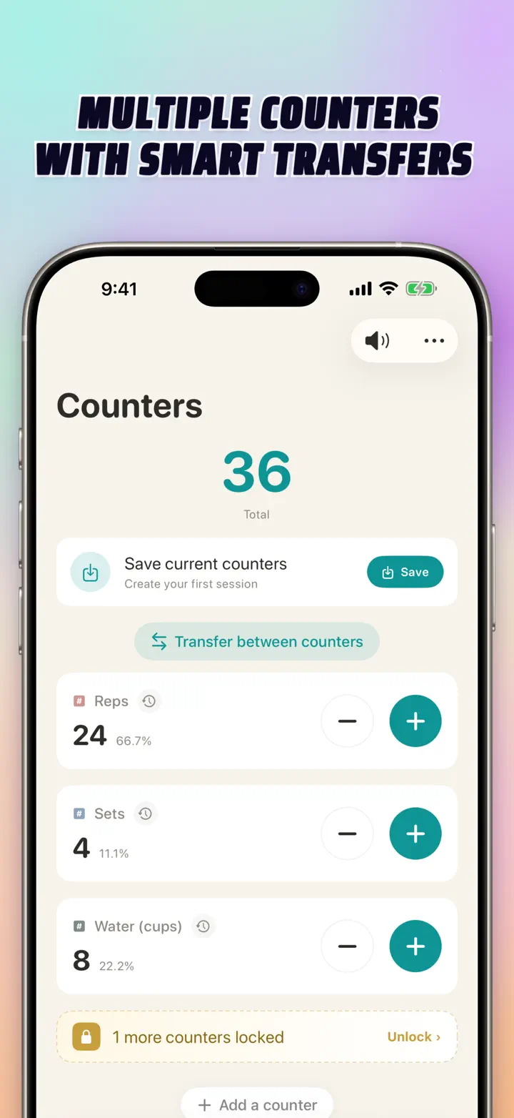 List of multiple personalized counters with names, colors, and smart transfers