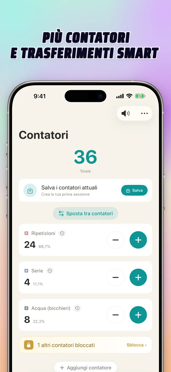 List of multiple personalized counters with names, colors, and smart transfers