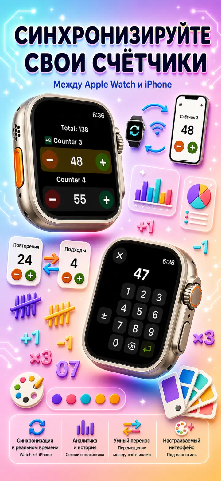 Live Apple Watch sync — counters mirror between iPhone and watch