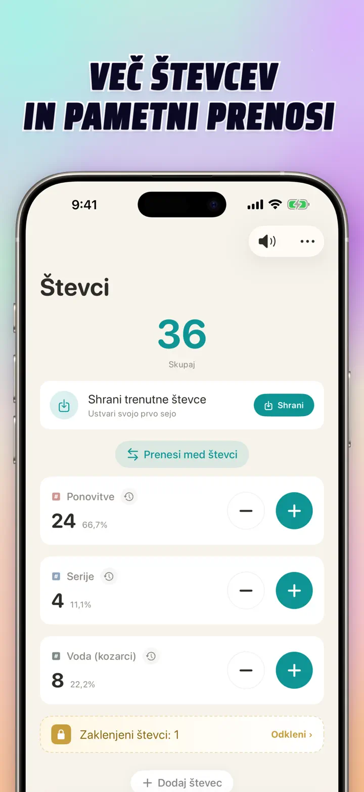 List of multiple personalized counters with names, colors, and smart transfers