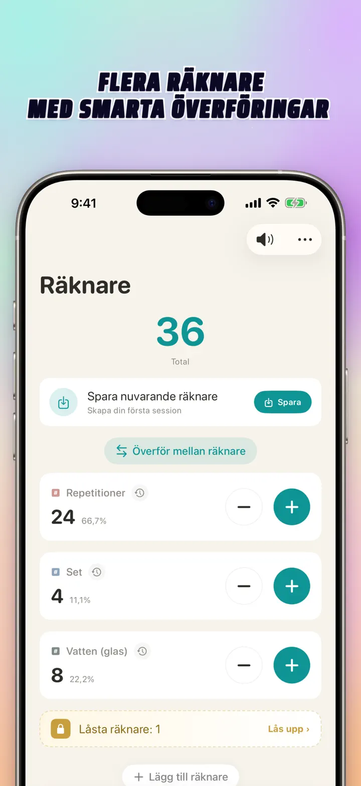 List of multiple personalized counters with names, colors, and smart transfers