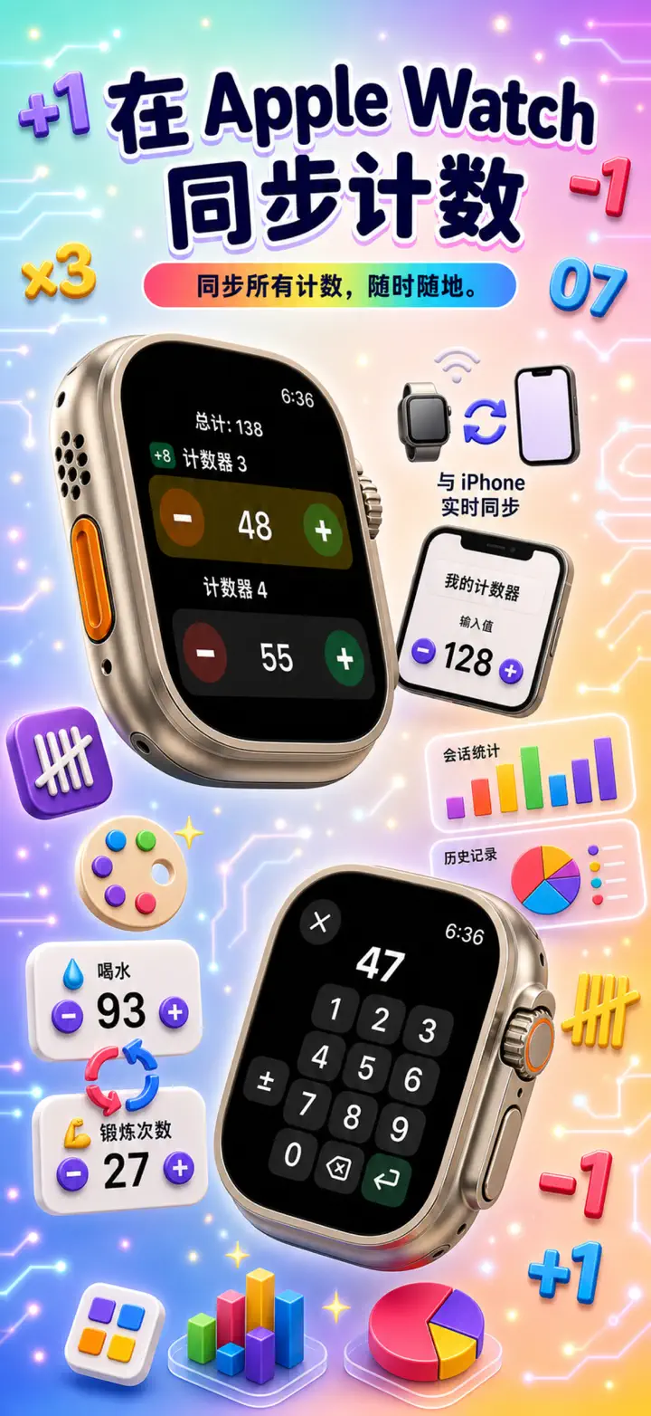 Live Apple Watch sync — counters mirror between iPhone and watch
