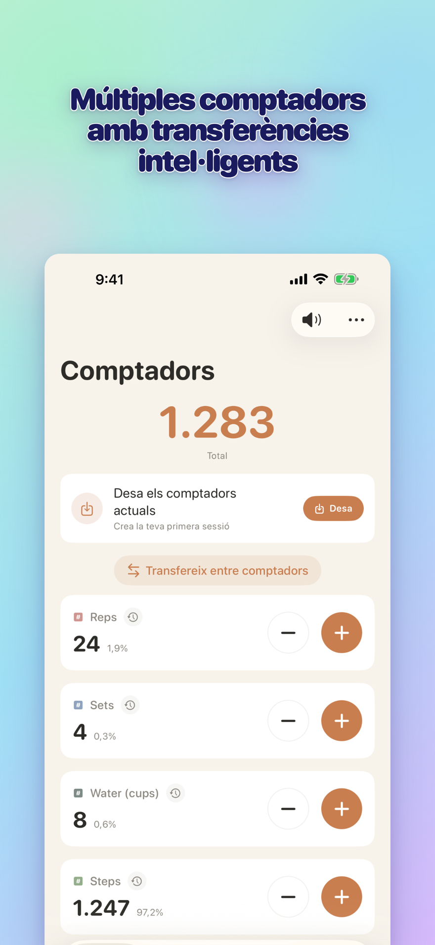 List of multiple personalized counters with names, colors, and smart transfers