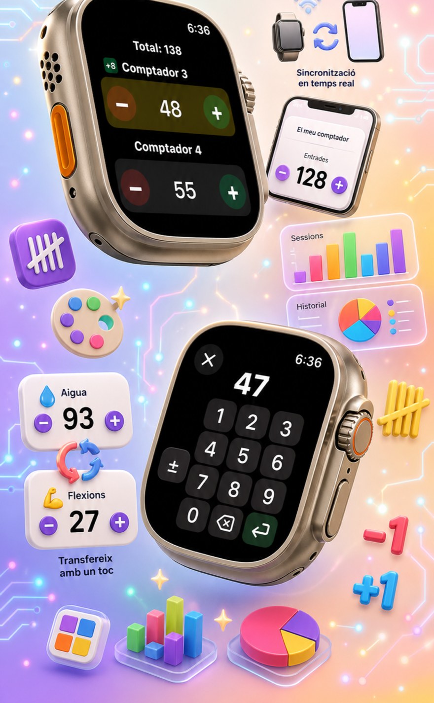 Live Apple Watch sync — counters mirror between iPhone and watch