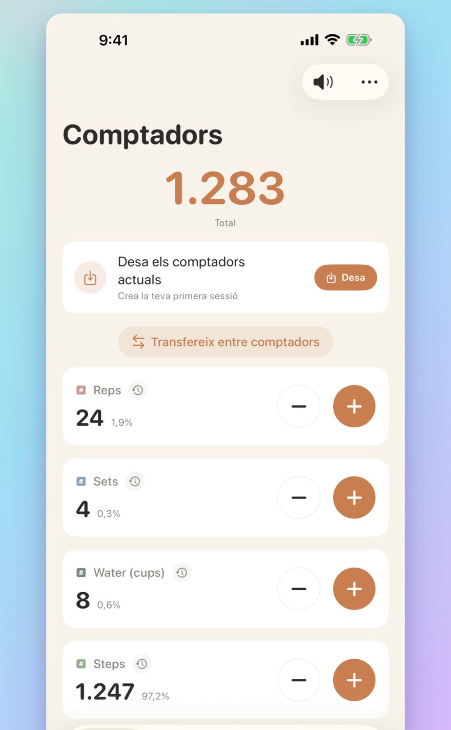 List of multiple personalized counters with names, colors, and smart transfers