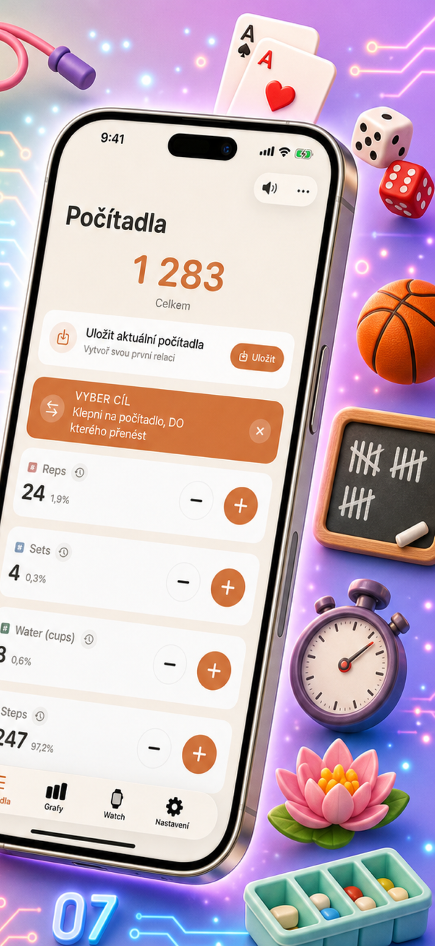 Tally Counter 123 marketing poster — fast input, charts, and history