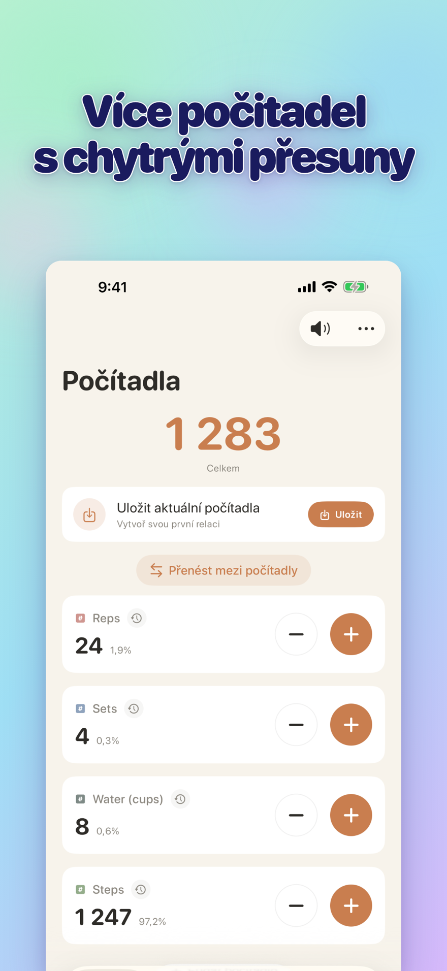 List of multiple personalized counters with names, colors, and smart transfers