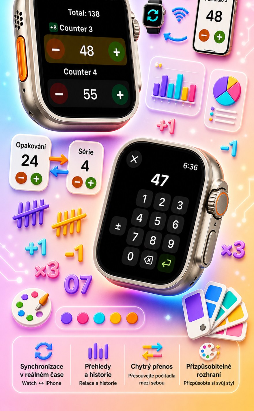 Live Apple Watch sync — counters mirror between iPhone and watch