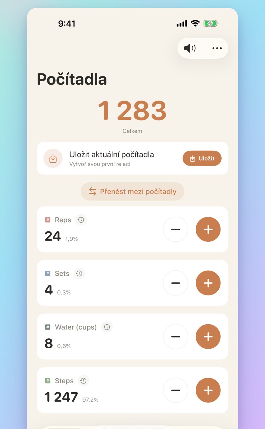 List of multiple personalized counters with names, colors, and smart transfers