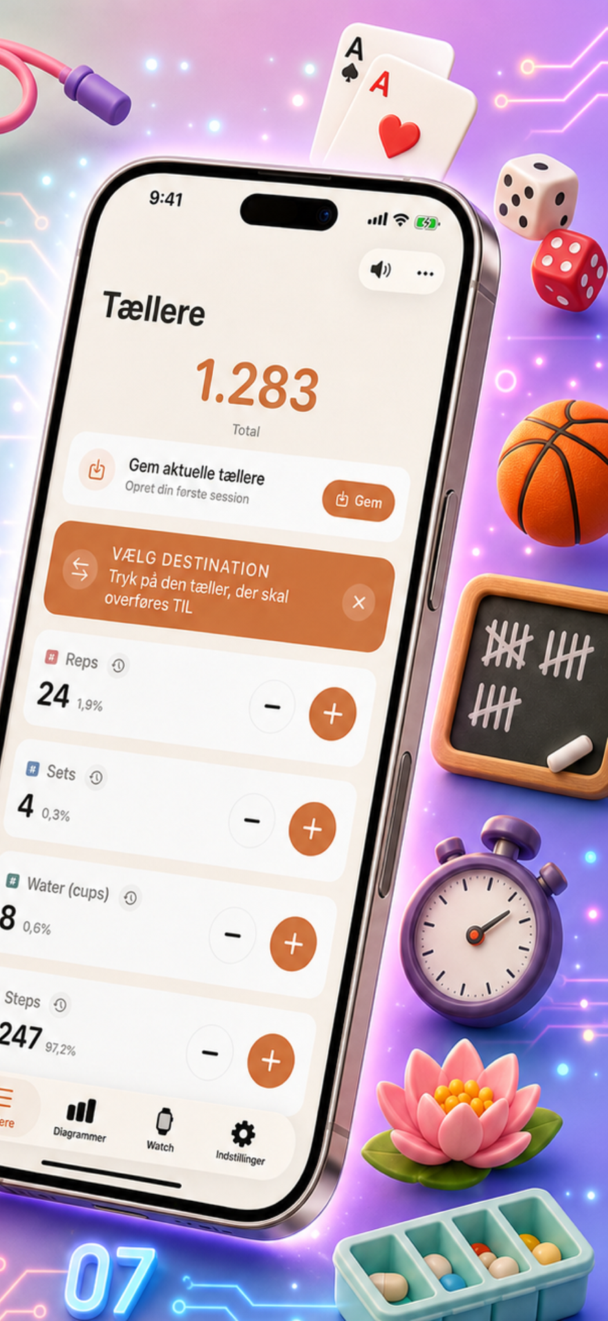 Tally Counter 123 marketing poster — fast input, charts, and history
