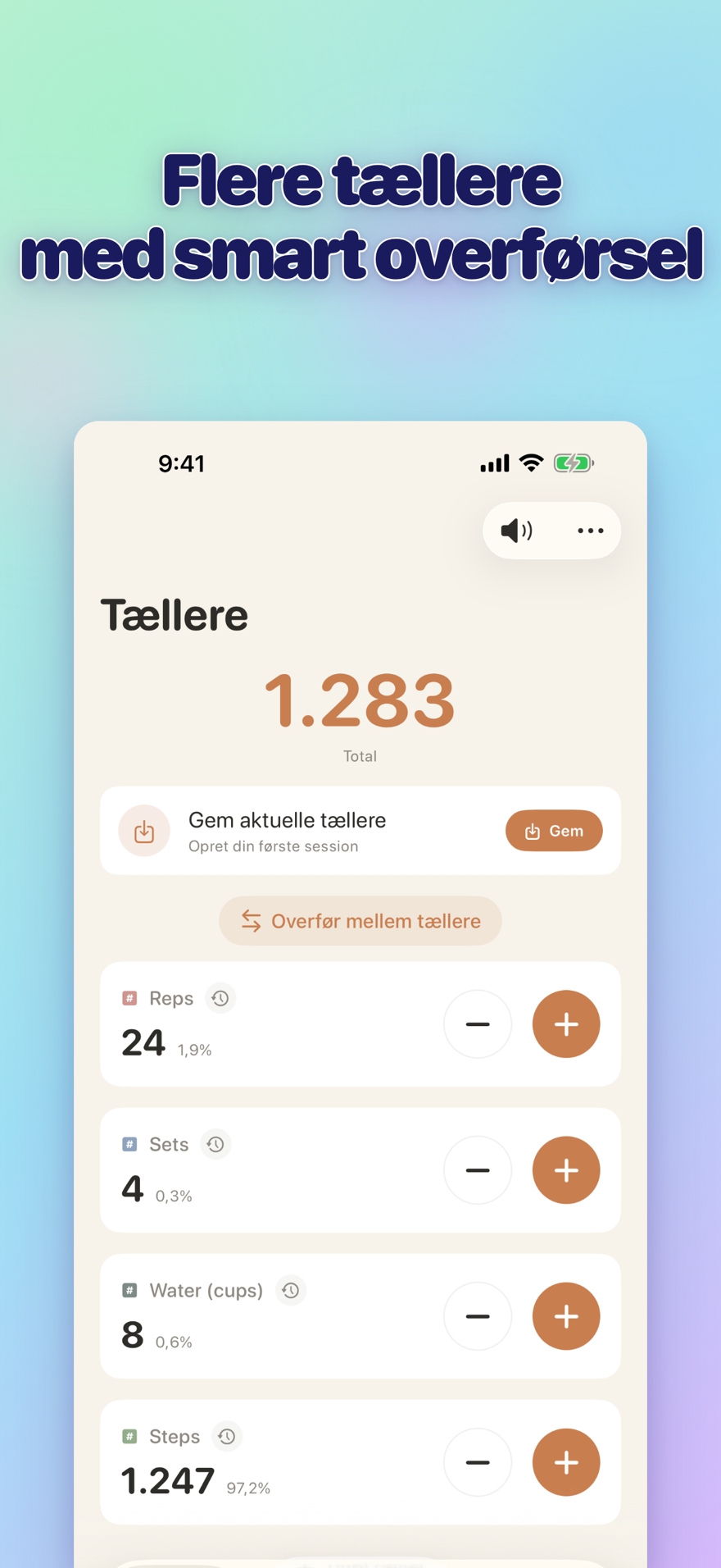 List of multiple personalized counters with names, colors, and smart transfers