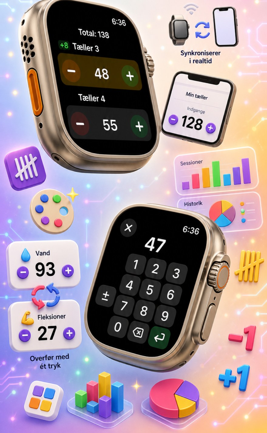 Live Apple Watch sync — counters mirror between iPhone and watch