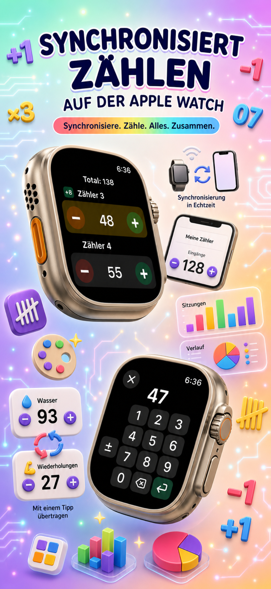 Live Apple Watch sync — counters mirror between iPhone and watch