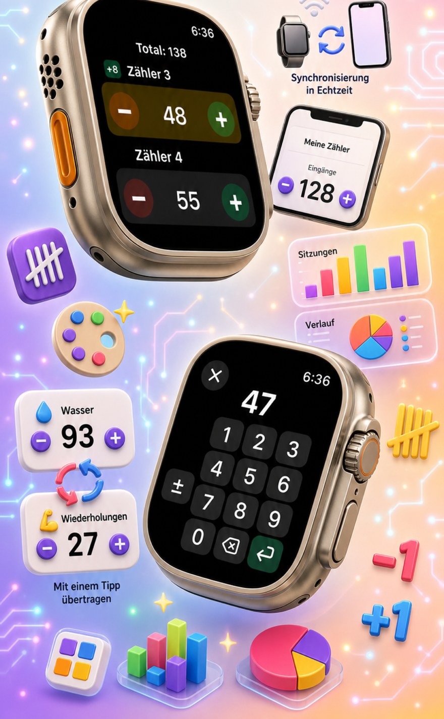 Live Apple Watch sync — counters mirror between iPhone and watch