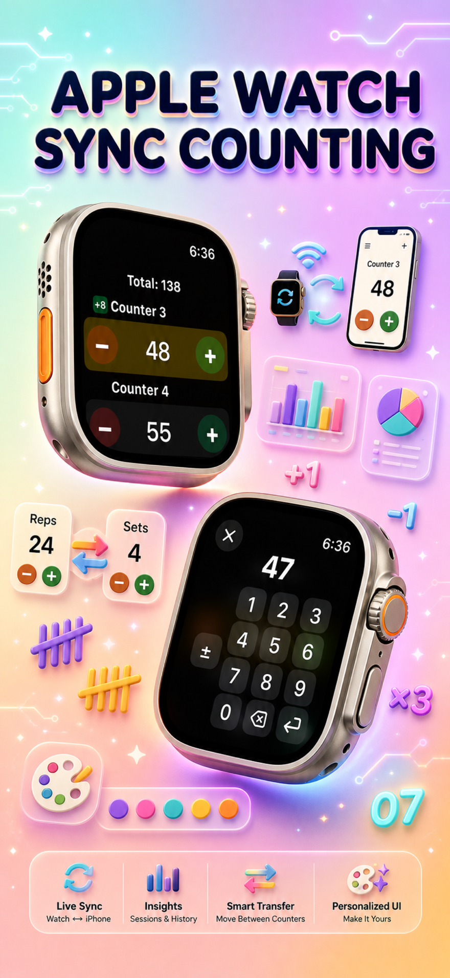 Live Apple Watch sync — counters mirror between iPhone and watch