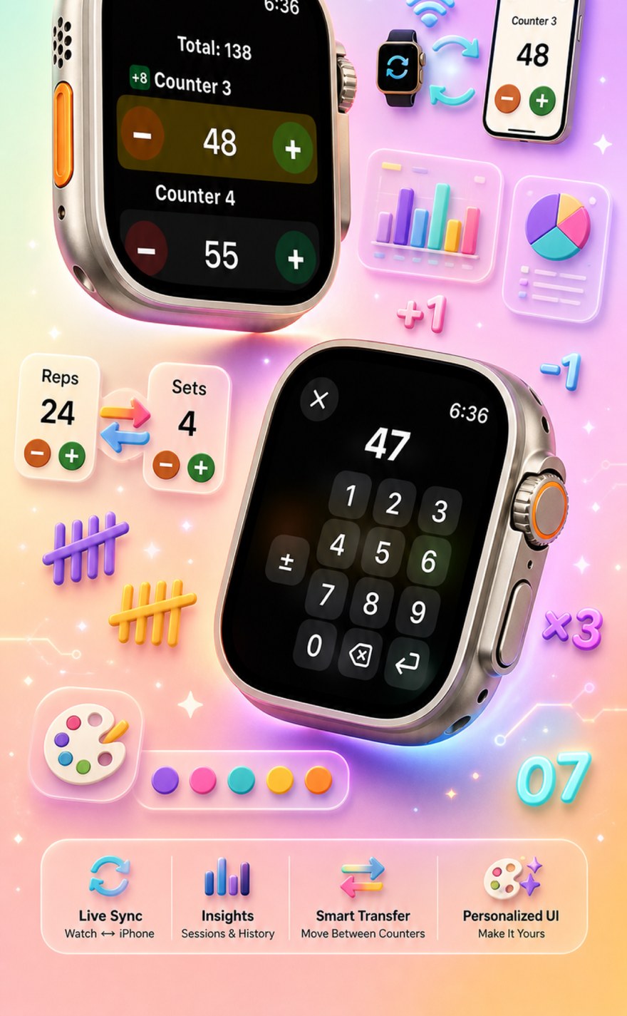 Live Apple Watch sync — counters mirror between iPhone and watch