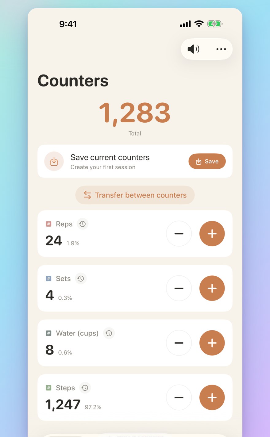 List of multiple personalized counters with names, colors, and smart transfers