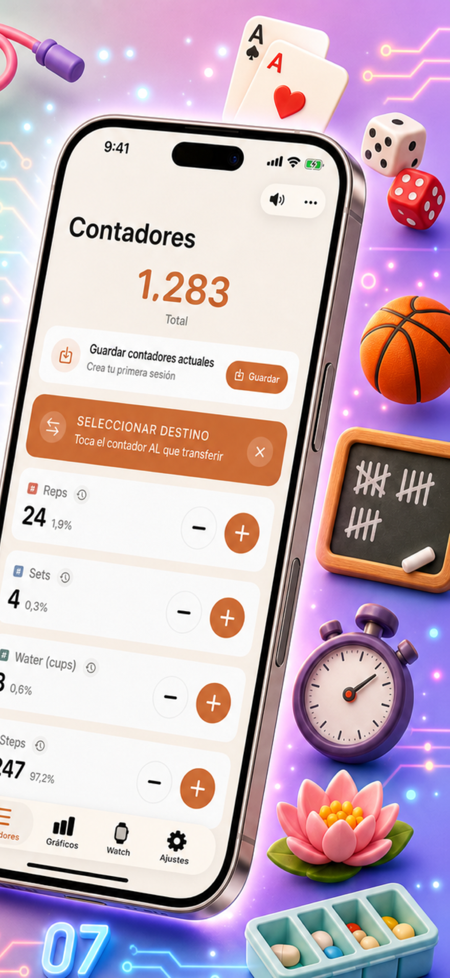 Tally Counter 123 marketing poster — fast input, charts, and history