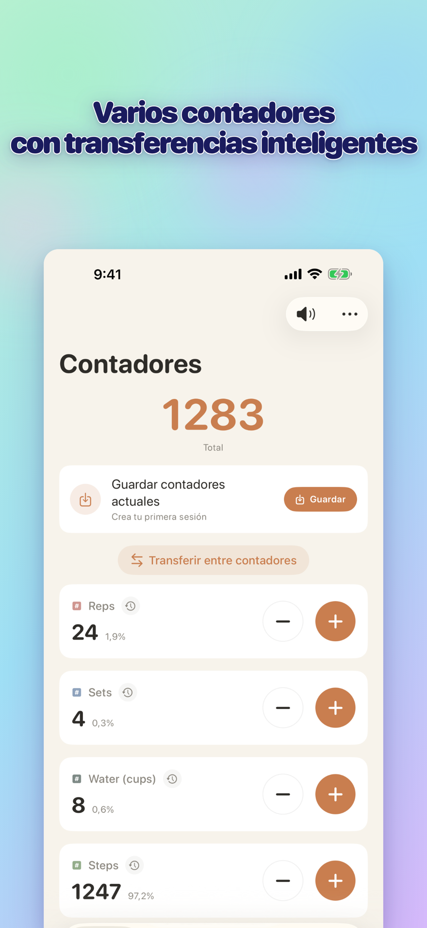 List of multiple personalized counters with names, colors, and smart transfers