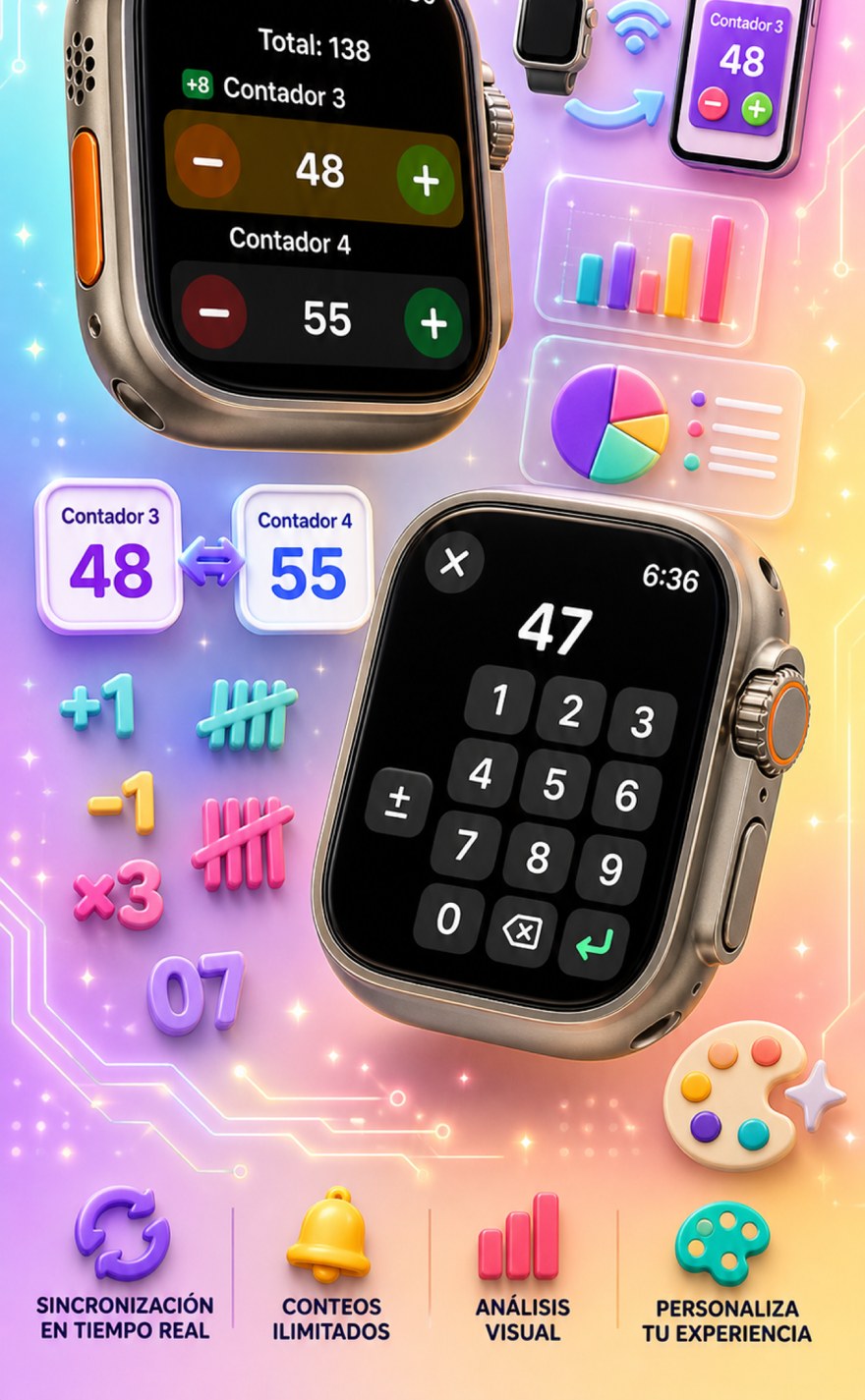 Live Apple Watch sync — counters mirror between iPhone and watch