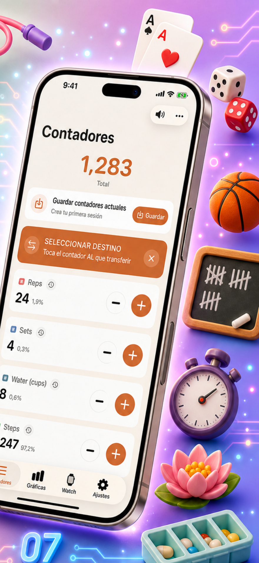 Tally Counter 123 marketing poster — fast input, charts, and history