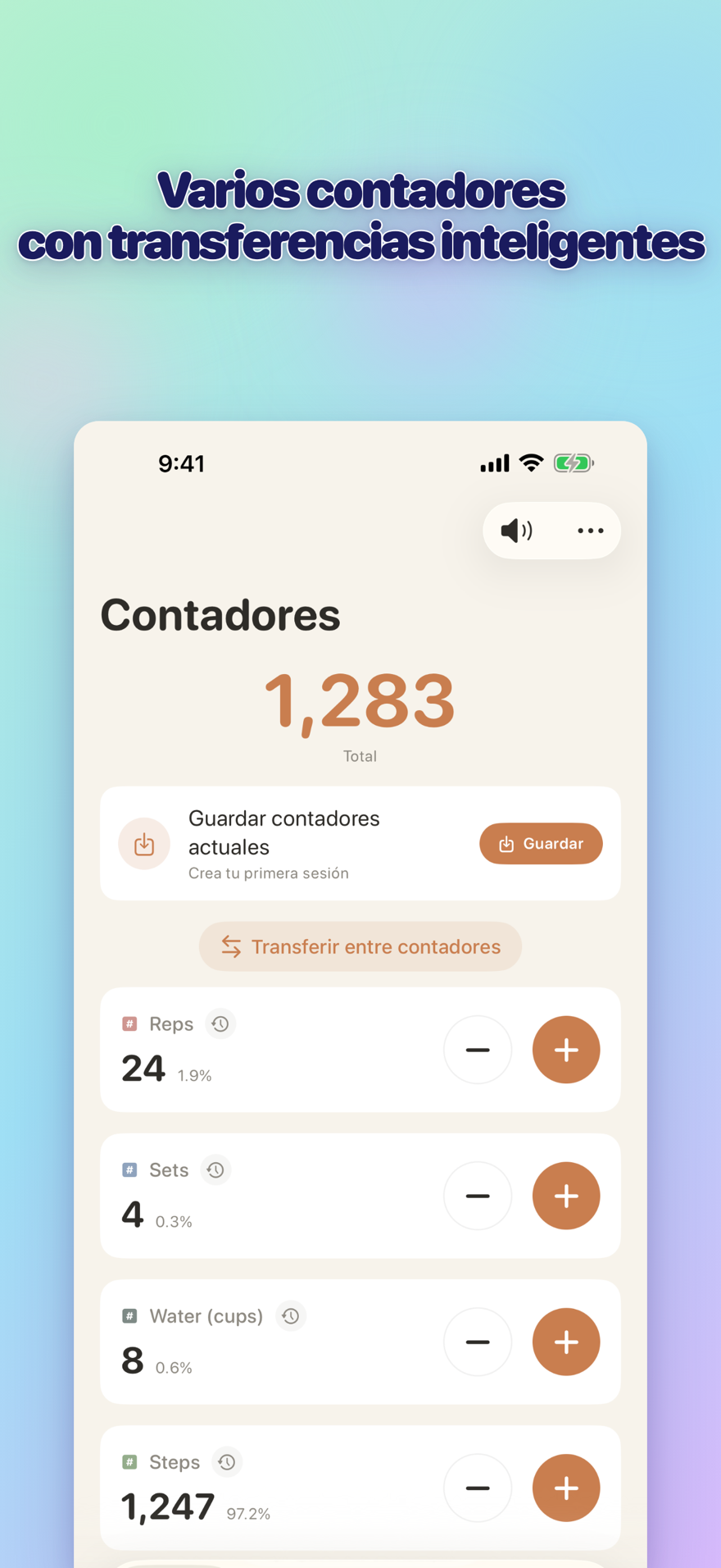 List of multiple personalized counters with names, colors, and smart transfers