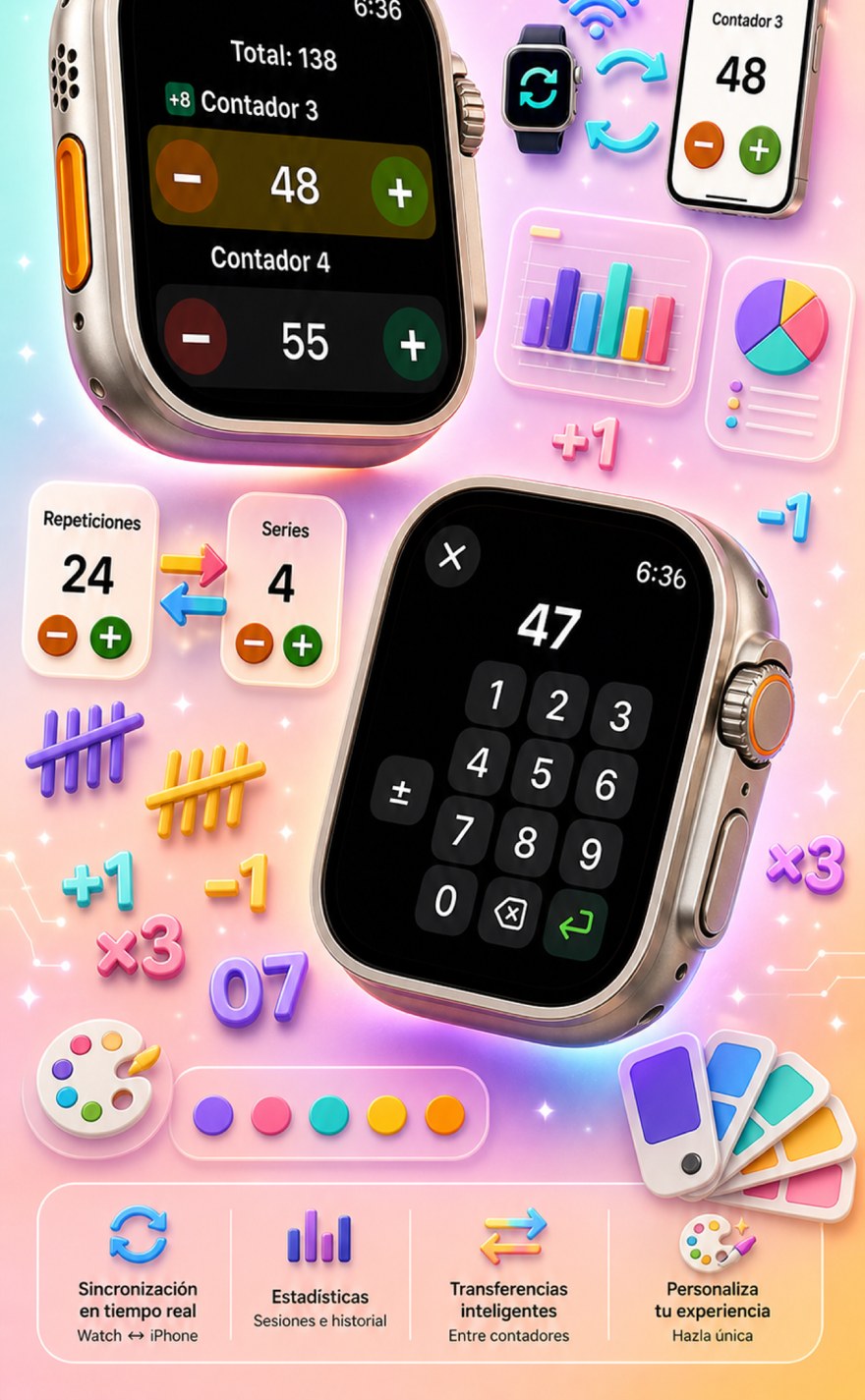 Live Apple Watch sync — counters mirror between iPhone and watch