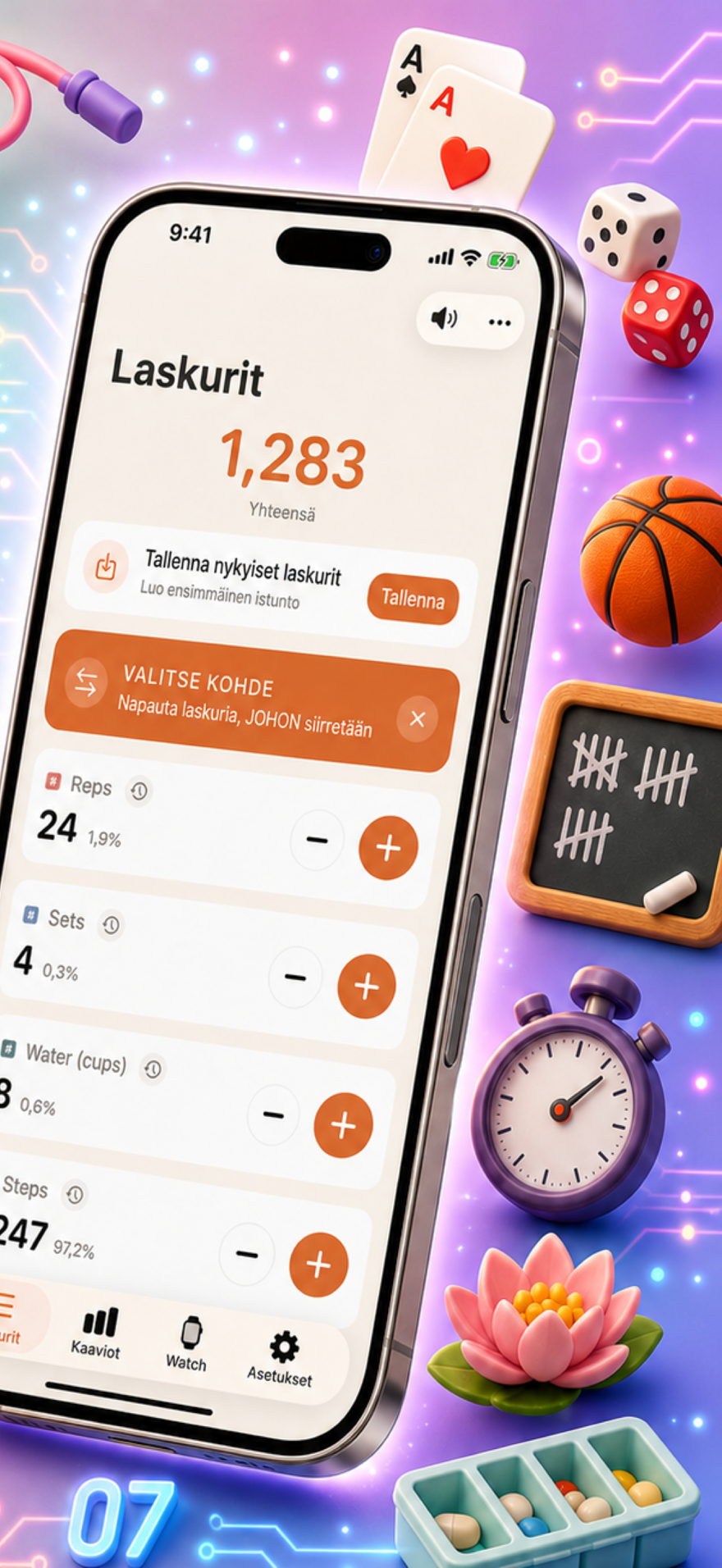 Tally Counter 123 marketing poster — fast input, charts, and history