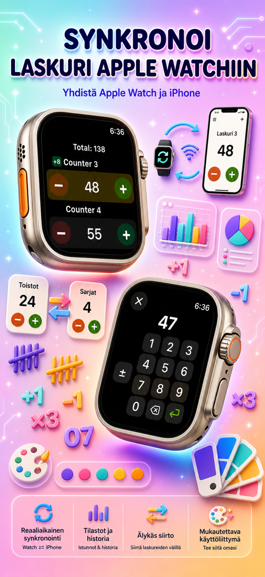 Live Apple Watch sync — counters mirror between iPhone and watch
