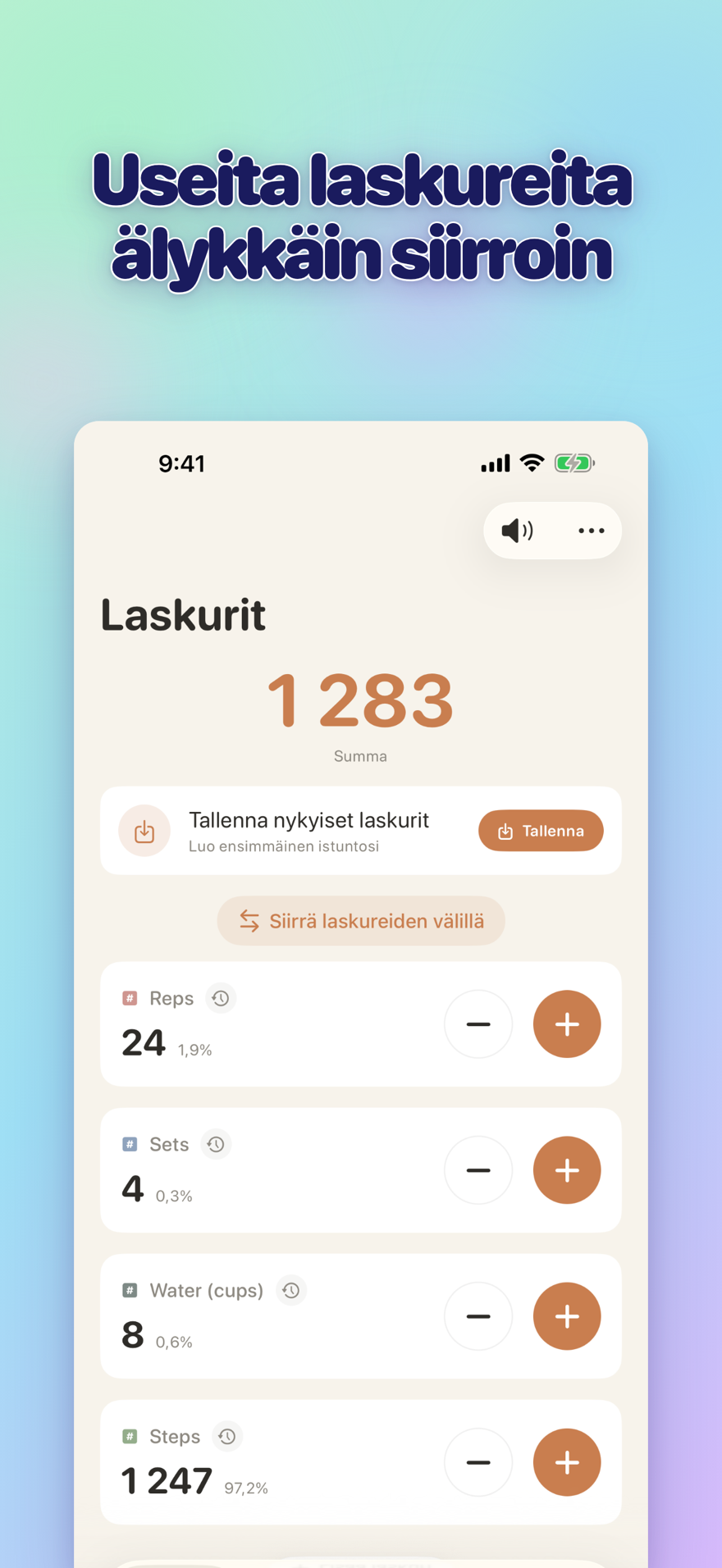 List of multiple personalized counters with names, colors, and smart transfers
