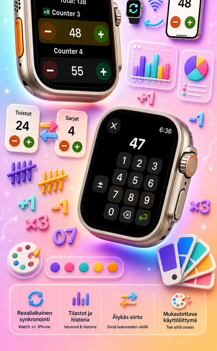 Live Apple Watch sync — counters mirror between iPhone and watch