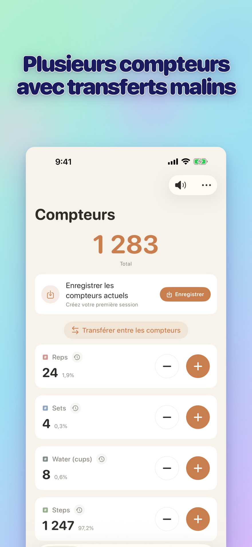 List of multiple personalized counters with names, colors, and smart transfers