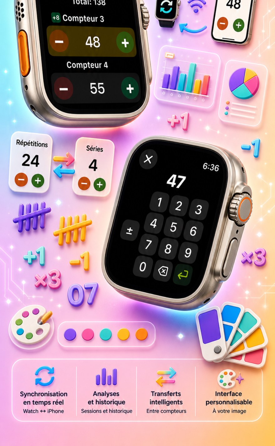Live Apple Watch sync — counters mirror between iPhone and watch