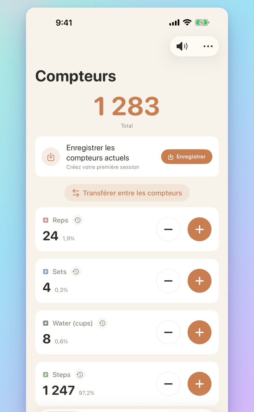 List of multiple personalized counters with names, colors, and smart transfers