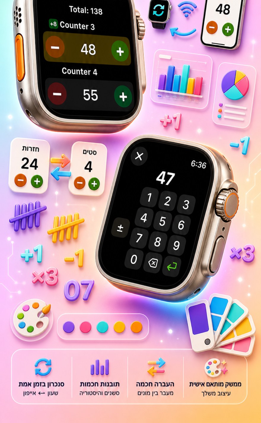 Live Apple Watch sync — counters mirror between iPhone and watch
