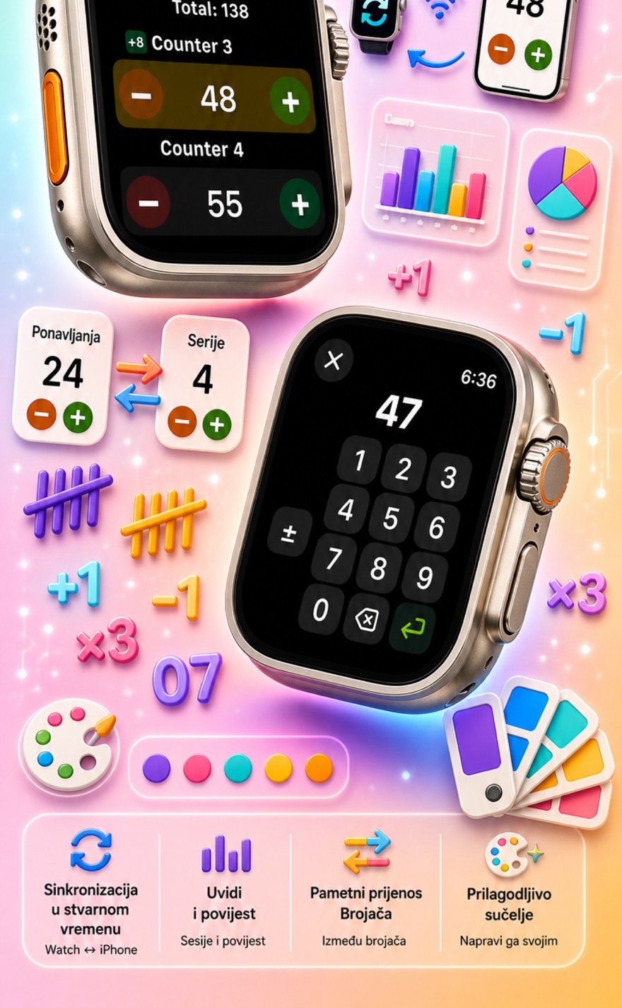 Live Apple Watch sync — counters mirror between iPhone and watch