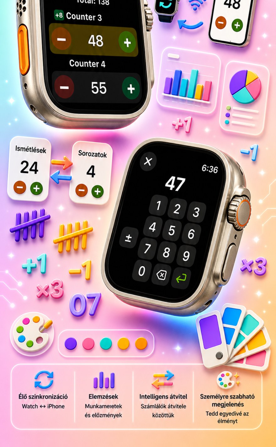 Live Apple Watch sync — counters mirror between iPhone and watch