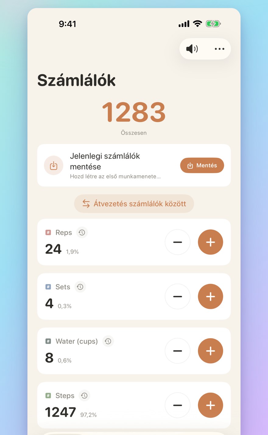 List of multiple personalized counters with names, colors, and smart transfers