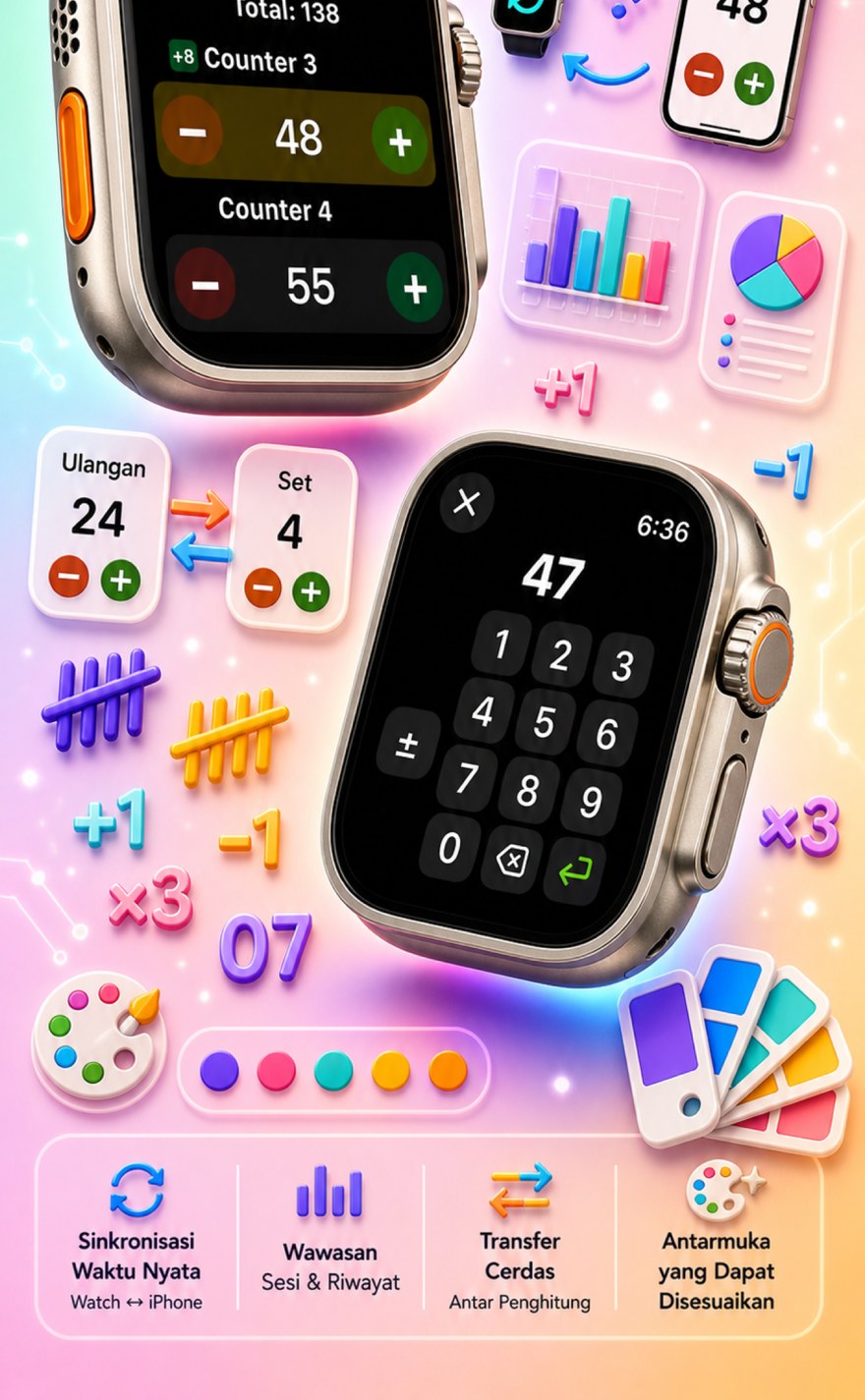 Live Apple Watch sync — counters mirror between iPhone and watch