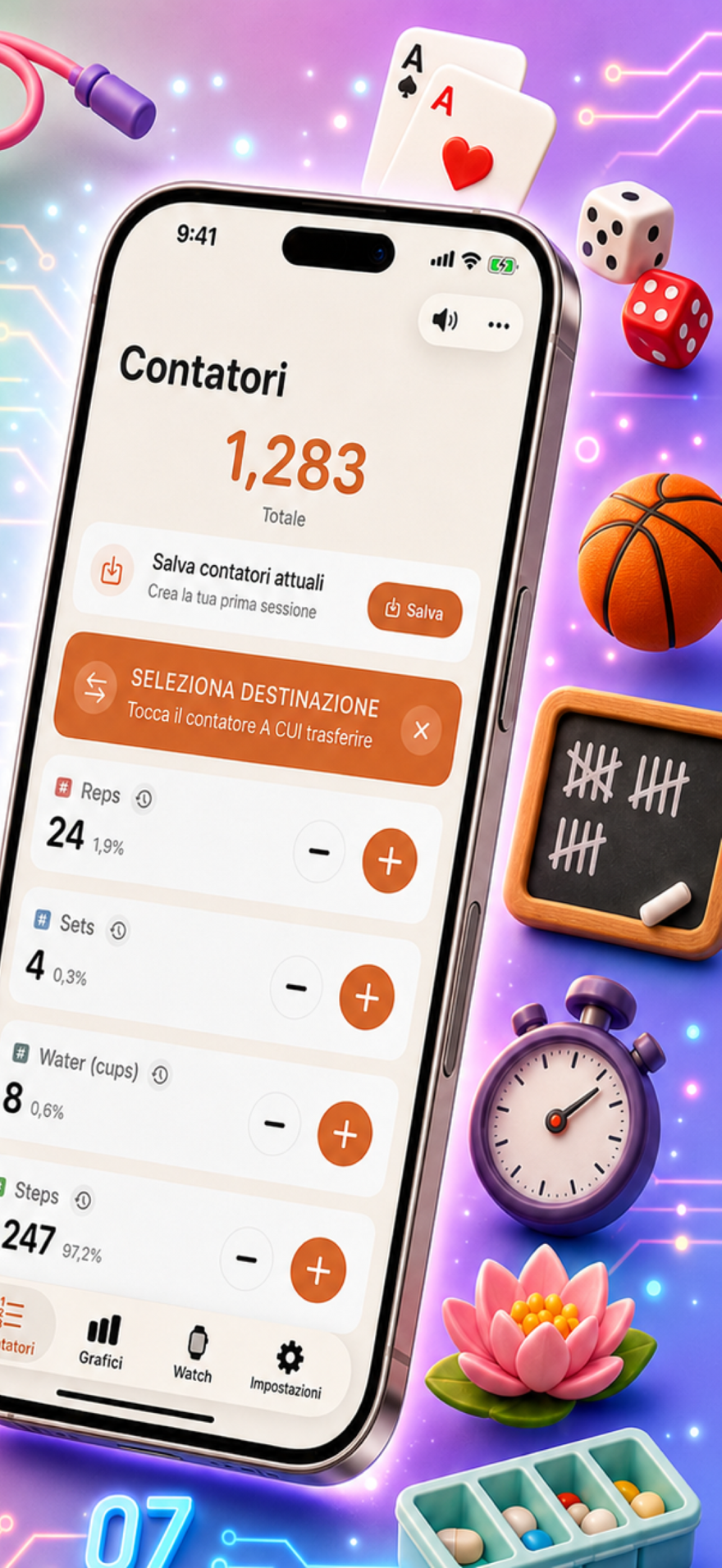 Tally Counter 123 marketing poster — fast input, charts, and history