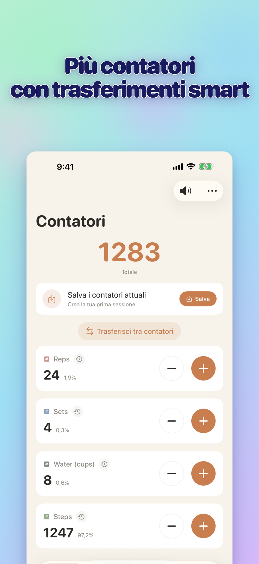 List of multiple personalized counters with names, colors, and smart transfers