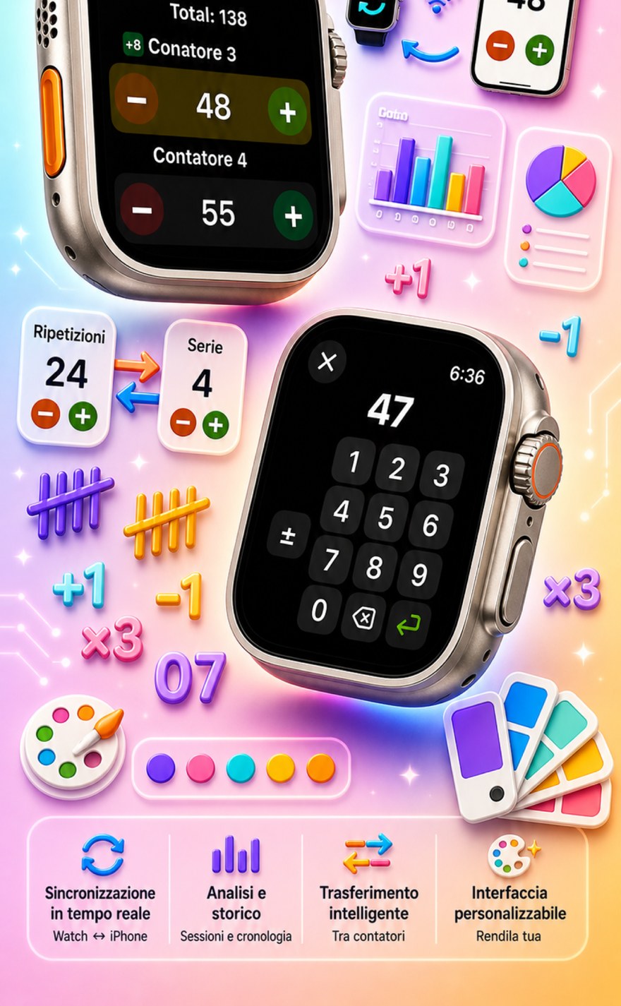 Live Apple Watch sync — counters mirror between iPhone and watch