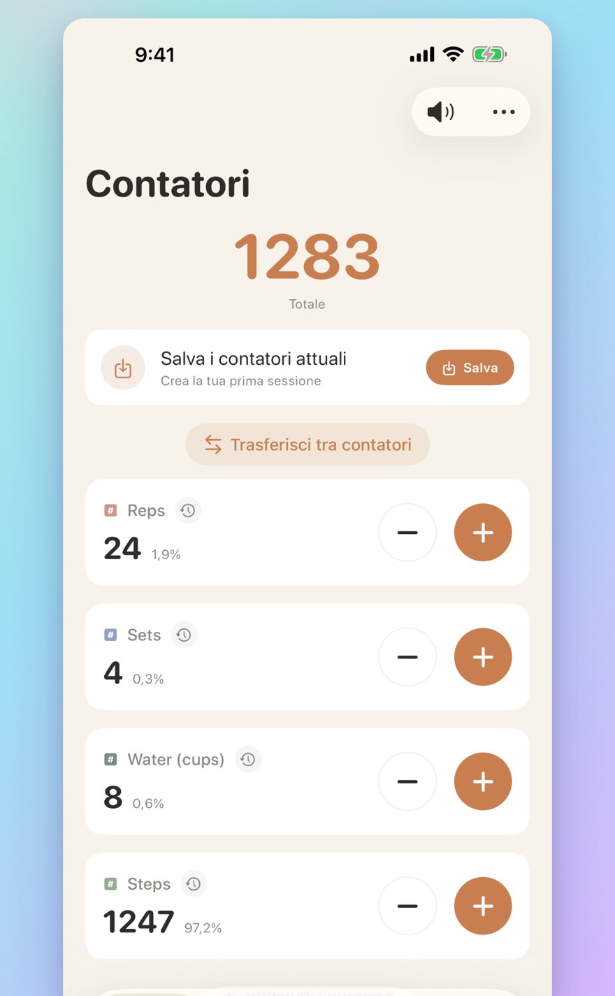 List of multiple personalized counters with names, colors, and smart transfers