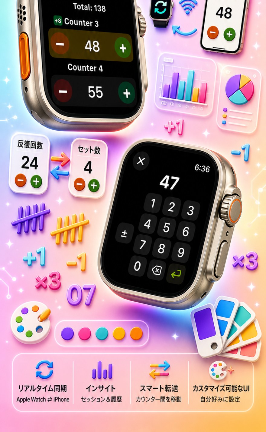 Live Apple Watch sync — counters mirror between iPhone and watch
