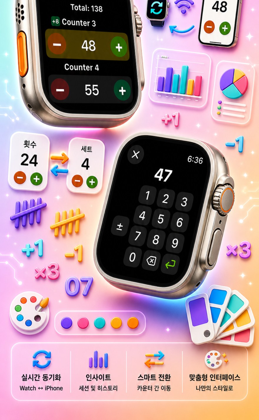 Live Apple Watch sync — counters mirror between iPhone and watch