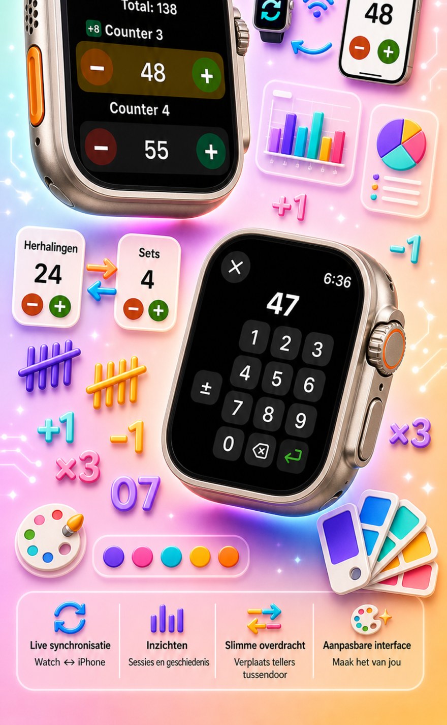 Live Apple Watch sync — counters mirror between iPhone and watch
